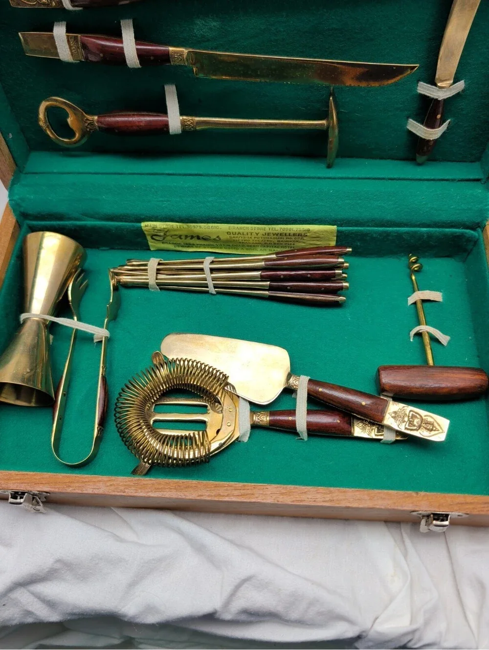 Vintage James Brass Bartender Set In Wood Case 11 Piece